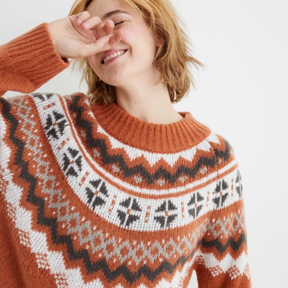 Cozy Rust Fair Isle Crewneck Sweater - Women
